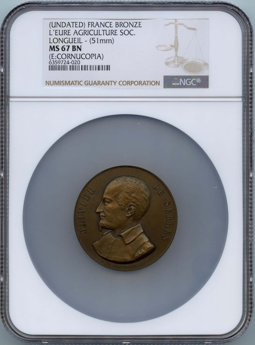 NGC MS67BN France Agriculture Society Bronze Medal 51mm Longueil: NGC MS67BN France Agriculture Society Bronze Medal 51mm Longueil This France Bronze L'Eure Agriculture Society medal is graded MS67BN by NGC. It features a diameter of 51mm and is a pre-owned collecti