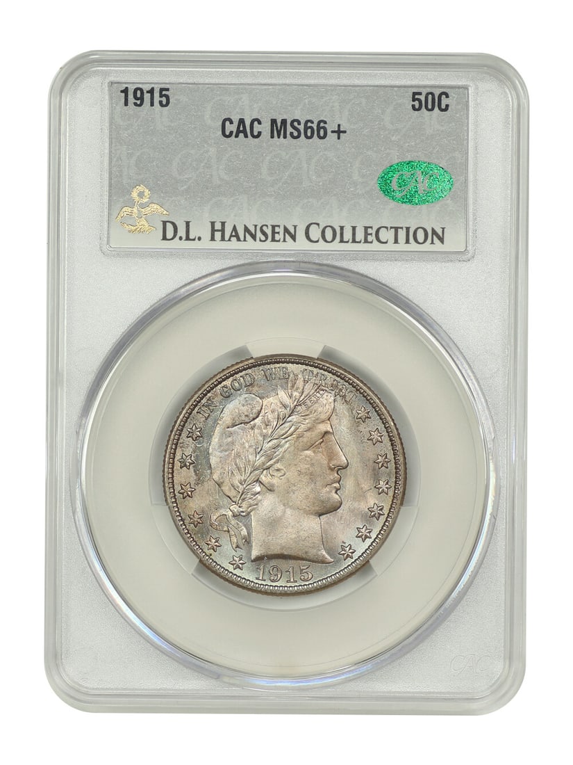 CACG MS66+ 1915 Barber Half Dollar 50C: CACG MS66+ 1915 Barber Half Dollar 50C Uncirculated 1915 Barber Half Dollar graded MS66+ and certified by CACG. This Philadelphia-minted 50C coin is presented as the final year of the design and is no