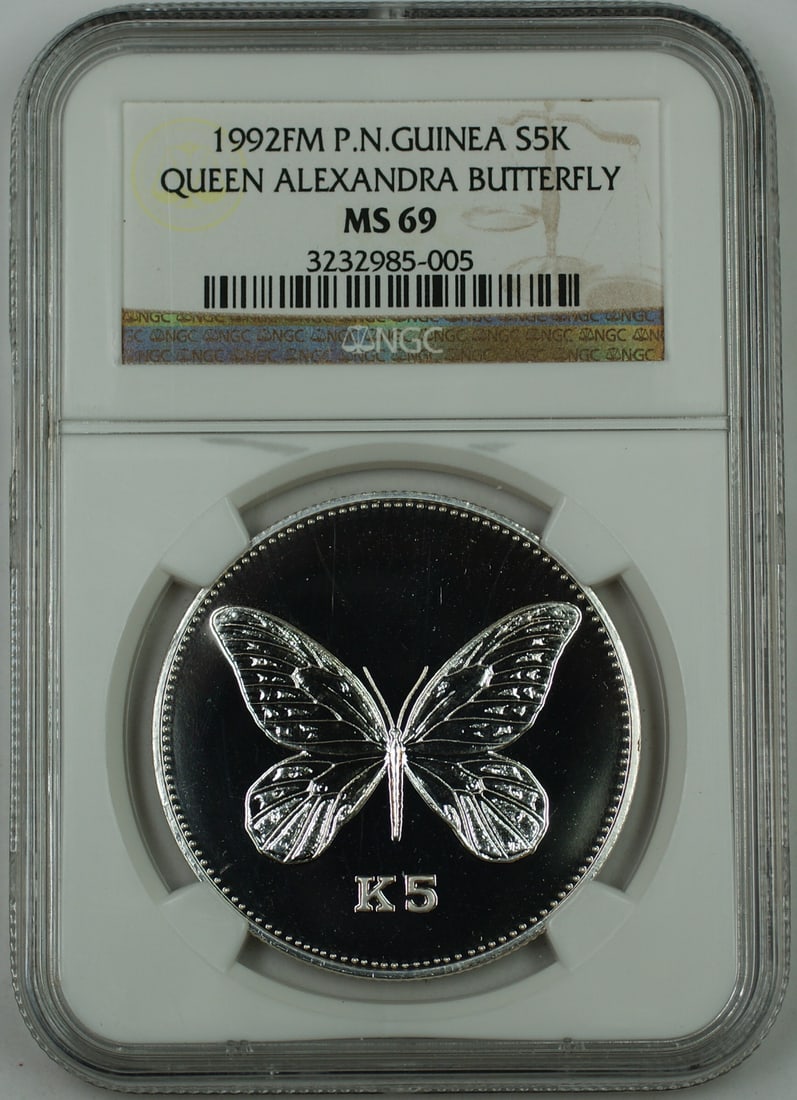 1992 Papua New Guinea 5 Kina Silver NGC MS-69 Butterfly Coin: 1992 Papua New Guinea 5 Kina Silver NGC MS-69 Butterfly Coin This is a 1992 FM Papua New Guinea Silver 5 Kina coin featuring the Queen Alexandra Butterfly. The coin is graded MS-69 by NGC, indicating 