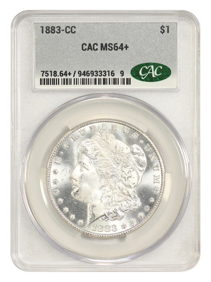 1883 Carson City Morgan Dollar $1 CACG MS64+: 1883 Carson City Morgan Dollar $1 CACG MS64+ 1883 Carson City Morgan Dollar graded MS64+ by CACG. The coin is uncirculated and pre-owned, with certification number 946933316. Specifications Denominati