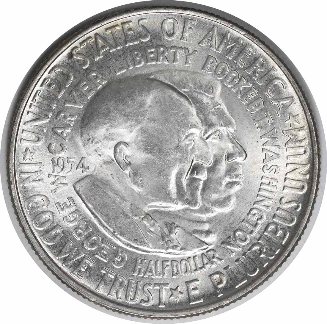 1954 PDS Booker T Washington Carver commemorative half dollar set: 1954 PDS Booker T Washington Carver commemorative half dollar set A 1954 commemorative half dollar coin set in choice uncirculated condition. The coin is uncertified and composed of silver. It is a Un
