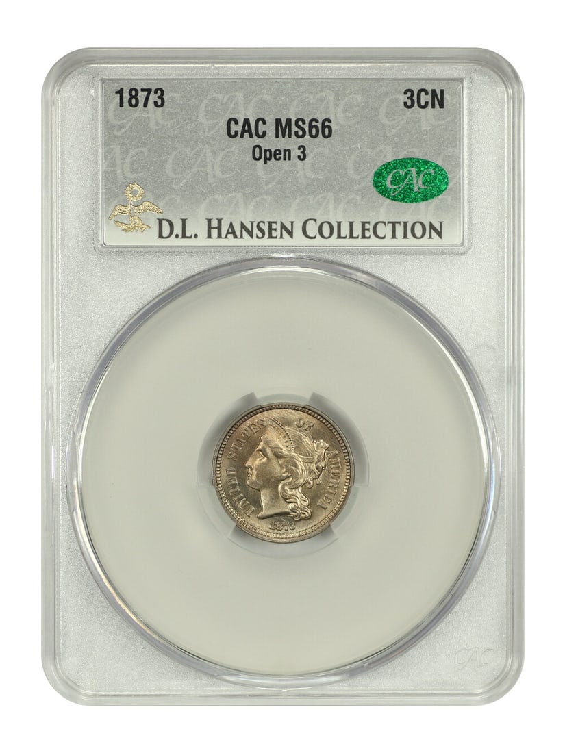 1873 Open 3 Three Cent Nickel CACG MS66 ex D.L. Hansen: 1873 Open 3 Three Cent Nickel CACG MS66 ex D.L. Hansen 1873 Three Cent Nickel graded MS66 by CACG, with the Open 3 variety and ex: D.L. Hansen pedigree noted in the title. This uncirculated Philadelph