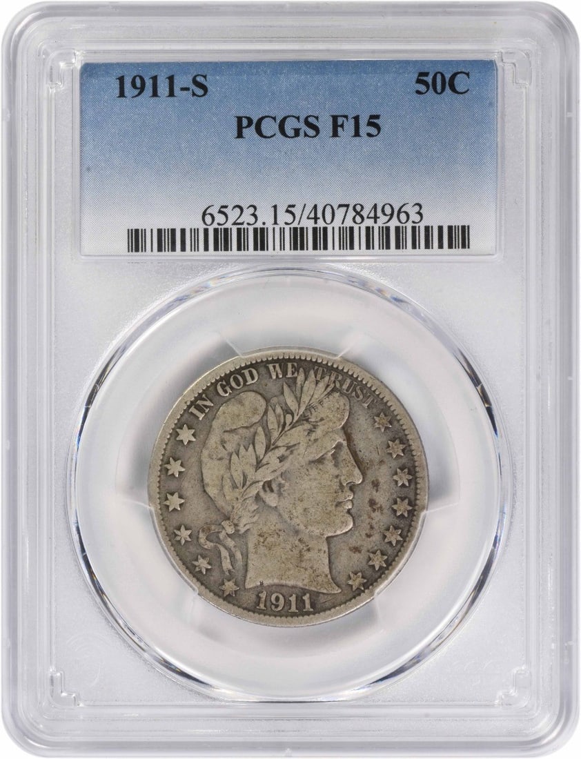1911-S San Francisco Barber Half Dollar PCGS F15 90 Percent Silver: 1911-S San Francisco Barber Half Dollar PCGS F15 90 Percent Silver This 1911-S Barber Half Dollar is certified by PCGS with a grade of F15. Minted in San Francisco, it features a composition of 90% si