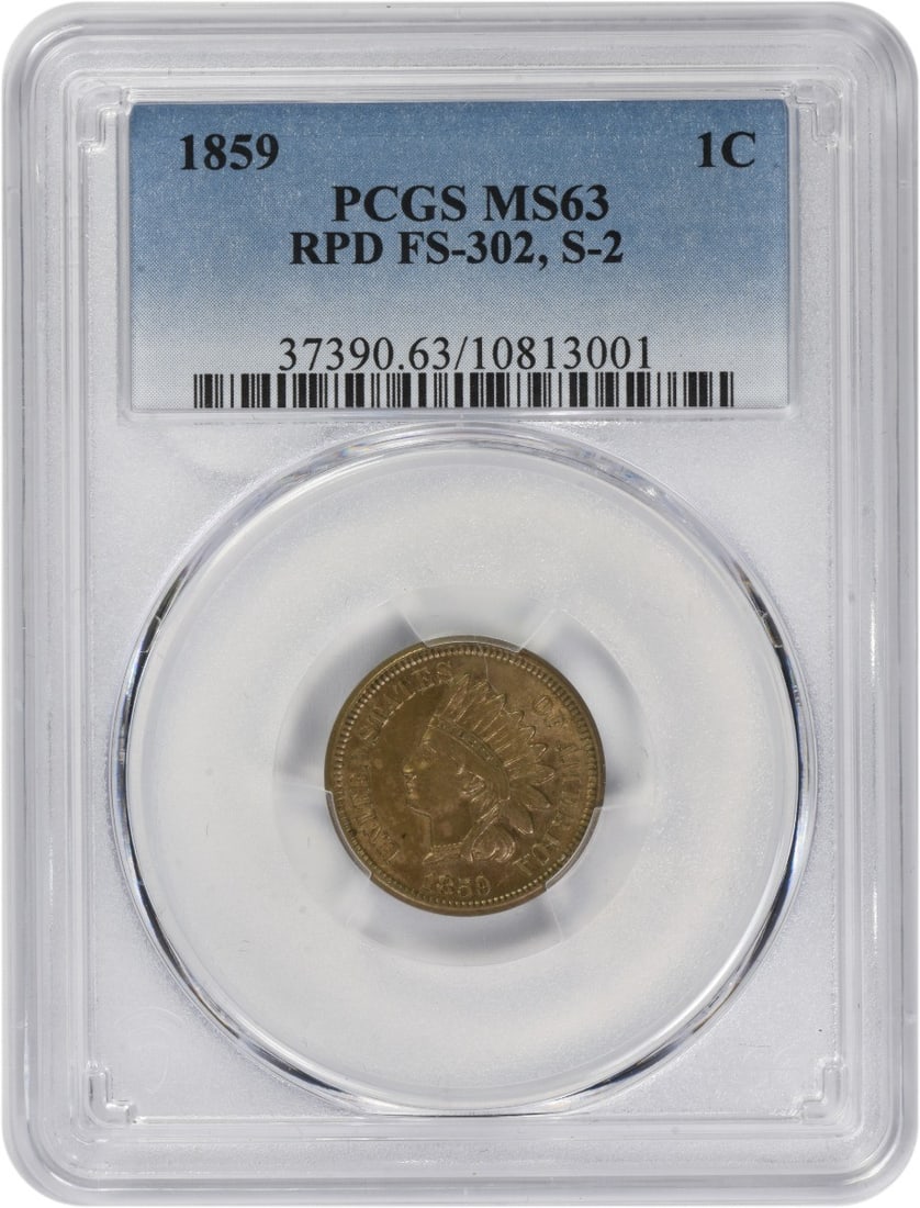 PCGS MS63 1859 Indian Head Cent S-2 FS-302 Philadelphia Mint: PCGS MS63 1859 Indian Head Cent S-2 FS-302 Philadelphia Mint This 1859 Indian Cent is a small cent coin graded MS63 by PCGS. Minted in Philadelphia and designed by James Barton Longacre, it is compose