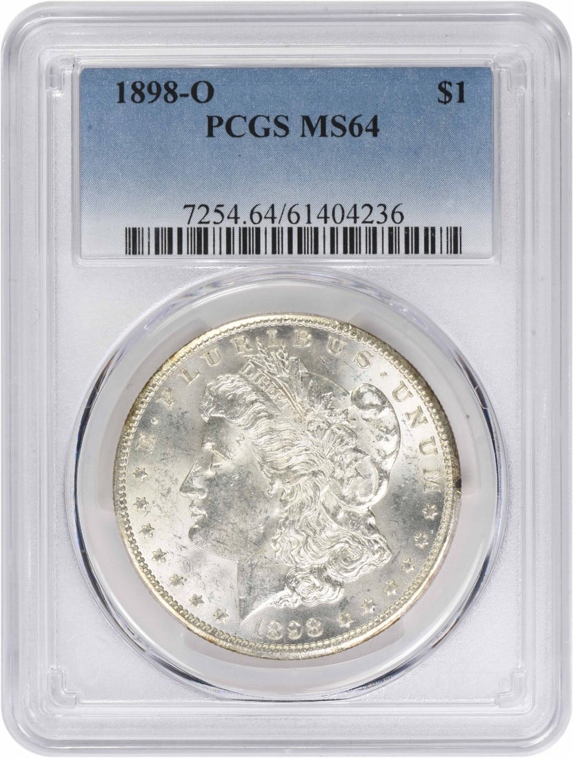 1898-O Morgan Silver Dollar MS64 PCGS Uncirculated Coin: 1898-O Morgan Silver Dollar MS64 PCGS Uncirculated Coin This 1898-O Morgan Silver Dollar, certified by PCGS with a grade of MS64, is a stunning example of American coinage. Struck in 90% silver and 10