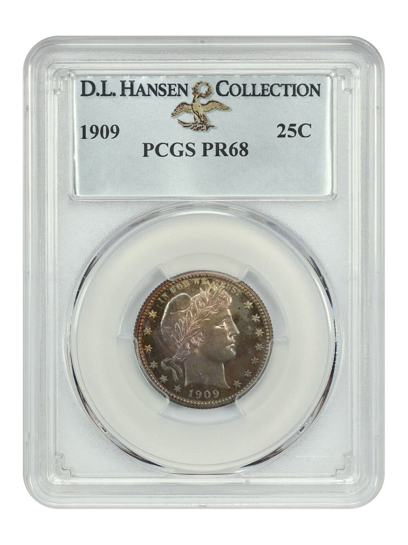 PCGS PR68 1909 Barber Quarter 25C ex D.L. Hansen: PCGS PR68 1909 Barber Quarter 25C ex D.L. Hansen A 1909 Barber Quarter graded PR68 by PCGS, from the Philadelphia mint. The coin is beautifully preserved with unique, beautiful toning throughout and f