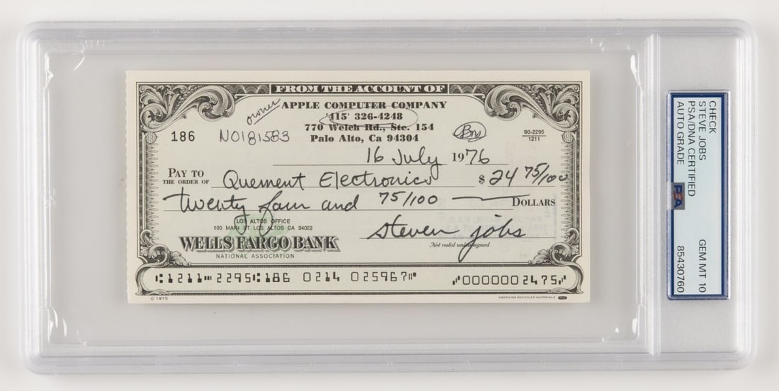 Steve Jobs Signed 1976 Apple Check PSA DNA GEM MINT 10: Steve Jobs Signed 1976 Apple Check PSA DNA GEM MINT 10 This 1976 Apple Computer Company check is a remarkable piece of history, boldly signed by Steve Jobs during the early days of Apple. Dated July 1