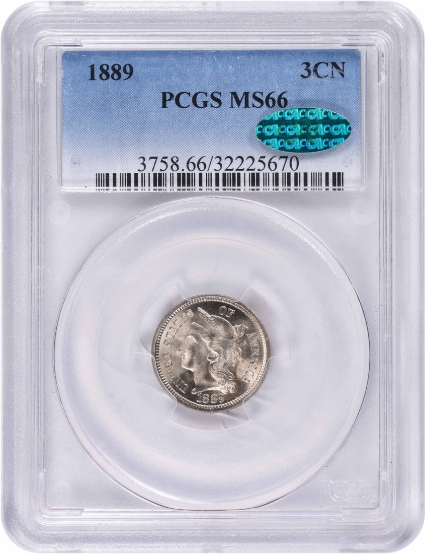 1889 Three Cent Nickel MS66 PCGS CAC Certified Coin: 1889 Three Cent Nickel MS66 PCGS CAC Certified Coin This 1889 Three Cent Nickel is a remarkable piece certified by PCGS with a high grade of MS66 and is CAC approved. Struck in Philadelphia, this coin