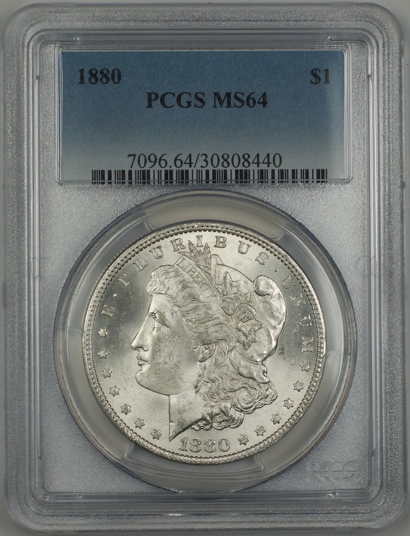 PCGS MS-64 1880 Morgan Silver Dollar Uncirculated US Coin: PCGS MS-64 1880 Morgan Silver Dollar Uncirculated US Coin This is an 1880 Morgan $1 Silver Dollar coin from the United States, graded MS-64 by PCGS. The coin is composed of silver and is in uncirculat