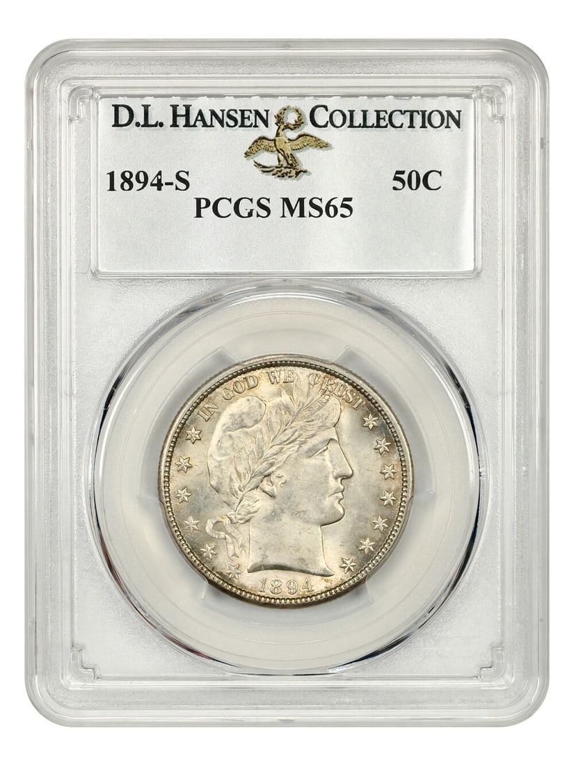 PCGS MS65 1894-S Barber Half Dollar 50C ex D.L. Hansen: PCGS MS65 1894-S Barber Half Dollar 50C ex D.L. Hansen An 1894-S Barber Half Dollar certified by PCGS and graded MS65. This uncirculated half dollar is described as a lustrous golden tinted gem from t