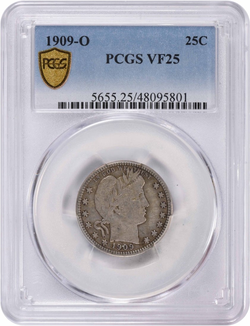 1909-O Barber Silver Quarter VF25 PCGS 90% Silver Coin: 1909-O Barber Silver Quarter VF25 PCGS 90% Silver Coin This 1909-O Barber Silver Quarter is a remarkable collectible piece from the New Orleans mint, certified by PCGS with a grade of VF25. Struck in 