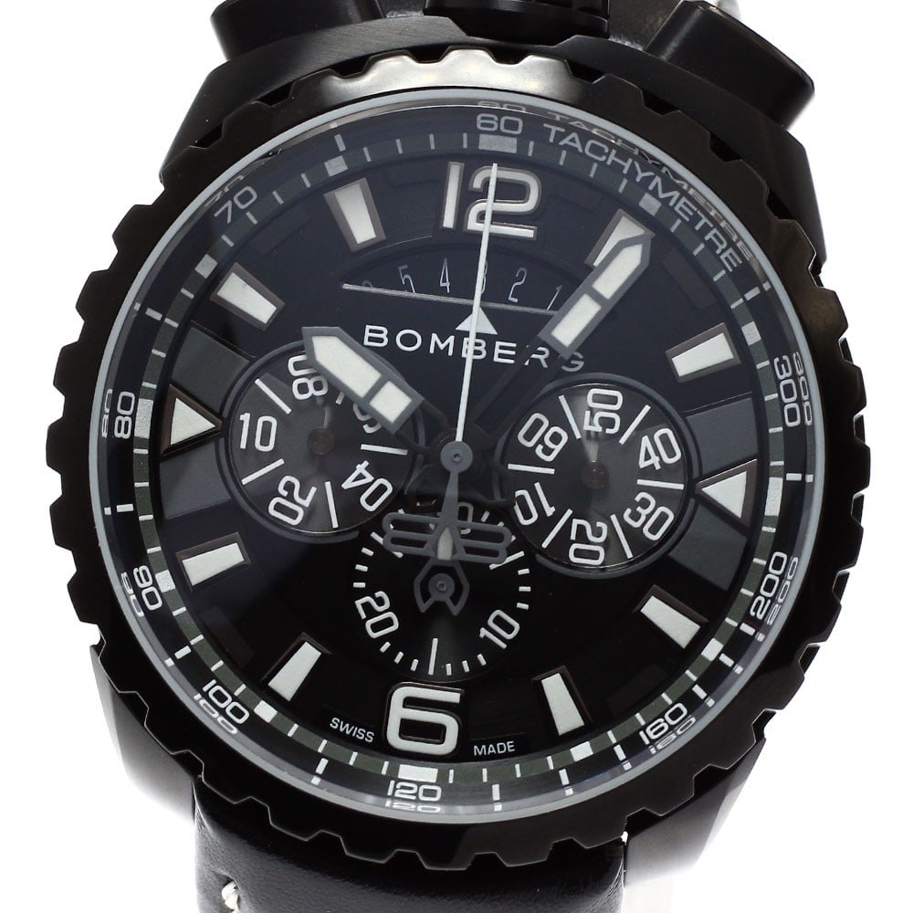 BOMBERG BOLT-68 quartz chronograph date men's wristwatch: BOMBERG BOLT-68 quartz chronograph date men's wristwatch This BOMBERG BOLT-68 men's wristwatch features a robust stainless steel case paired with a black leather strap. The black dial is equipped with