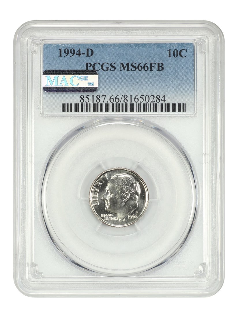 PCGS MS66FB 1994-D Roosevelt Dime 10C Denver Mint: PCGS MS66FB 1994-D Roosevelt Dime 10C Denver Mint 1994-D Roosevelt Dime graded PCGS MS66FB. This uncirculated 10C coin was struck at the Denver mint and is identified as part of the Roosevelt Dime ser