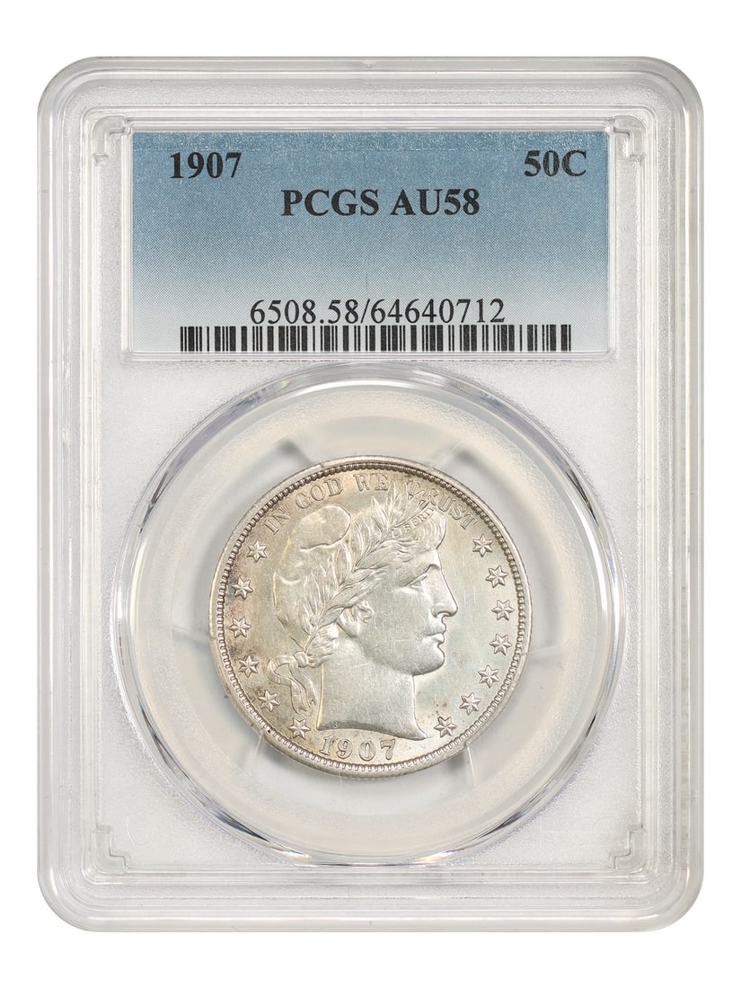PCGS AU58 1907 Barber Half Dollar 50C Philadelphia: PCGS AU58 1907 Barber Half Dollar 50C Philadelphia 1907 Barber Half Dollar, denomination 50C, struck in Philadelphia. The coin is certified by PCGS and graded AU58. It is listed as circulated and pre-