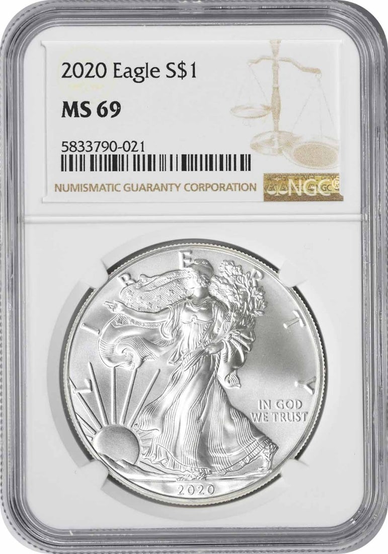 NGC MS69 2020 American Silver Eagle One Ounce Coin: NGC MS69 2020 American Silver Eagle One Ounce Coin This 2020 American Silver Eagle coin is certified by NGC and has a grade of MS69. It is composed of 1 oz of 0.999 fine silver and was minted by the U