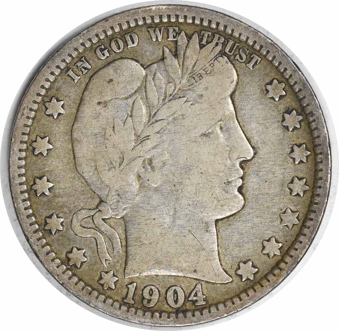 1904-O Barber Silver Quarter 25C VF Uncertified New Orleans Mint: 1904-O Barber Silver Quarter 25C VF Uncertified New Orleans Mint This 1904-O Barber Silver Quarter is a notable piece for collectors, featuring a circulated grade of VF (Very Fine). Struck at the New 