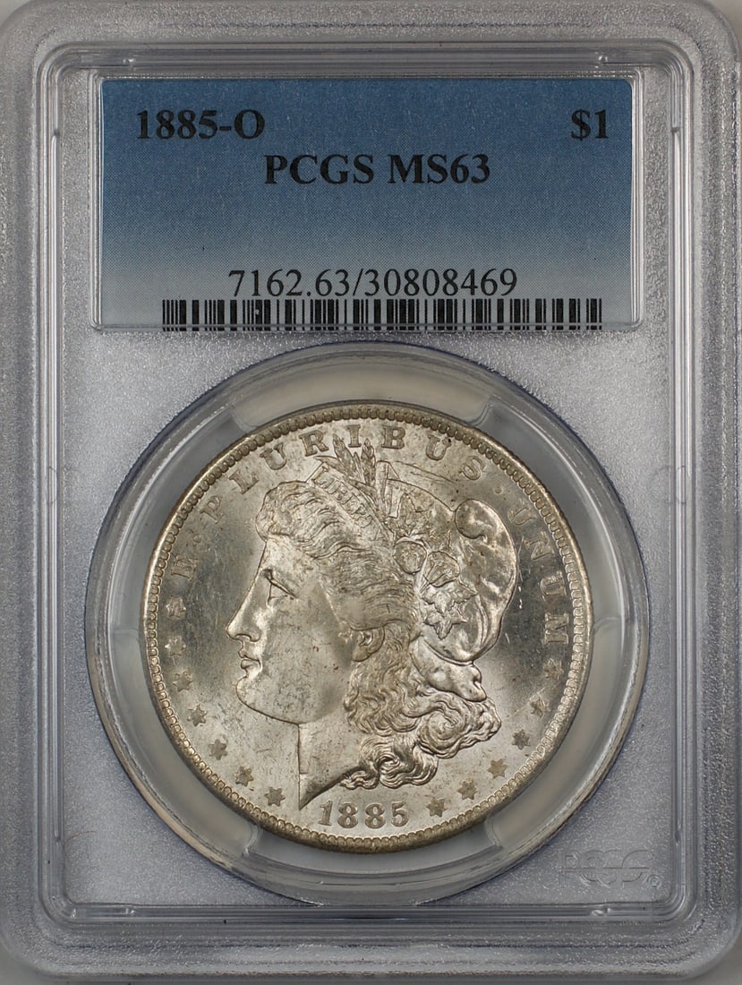 PCGS MS63 1885-O Morgan Silver Dollar: PCGS MS63 1885-O Morgan Silver Dollar This is an 1885-O Morgan Silver Dollar from the United States, minted in New Orleans. The coin is composed of silver and is graded MS 63 by PCGS, indicating it is