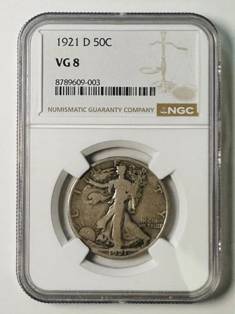 NGC VG-8 1921 D Walking Liberty Half Dollar Silver Coin: NGC VG-8 1921 D Walking Liberty Half Dollar Silver Coin 1921 D Walking Liberty Half Dollar certified by NGC and graded VG-8. The coin is composed of silver, dated 1921, and described as circulated. It