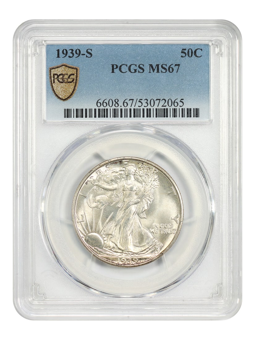 PCGS MS67 1939-S Walking Liberty 50C Half Dollar: PCGS MS67 1939-S Walking Liberty 50C Half Dollar 1939-S Walking Liberty Half Dollar certified by PCGS and graded MS67. This uncirculated 50C coin from the San Francisco mint is described as frosty and