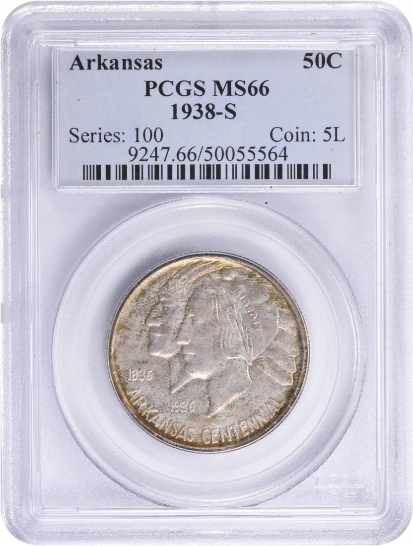 1938-S Arkansas Commemorative Half Dollar MS66 PCGS 90% Silver: 1938-S Arkansas Commemorative Half Dollar MS66 PCGS 90% Silver This 1938-S Arkansas Commemorative Half Dollar is a remarkable piece of numismatic history, certified by PCGS with a grade of MS66. Struc