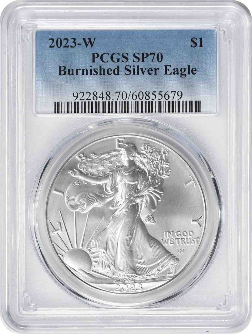 PCGS SP70 2023 W American Silver Eagle Burnished 1 oz: PCGS SP70 2023 W American Silver Eagle Burnished 1 oz This 2023-W $1 American Silver Eagle is a burnished coin graded SP70 by PCGS. Struck at the West Point Mint, it contains 1 oz of .999 fine silver.
