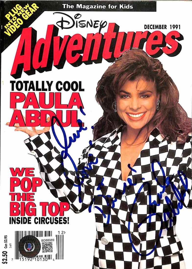 BECKETT Paula Abdul signed Disney Adventures December 1991 magazine cover: BECKETT Paula Abdul signed Disney Adventures December 1991 magazine cover This is a vintage December 1991 issue of Disney Adventures magazine featuring Paula Abdul on the cover. The cover has been per
