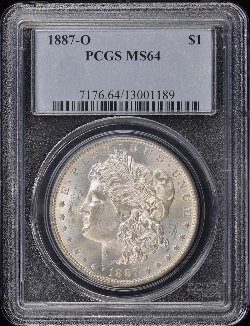 1887-O Morgan Dollar PCGS MS64 Uncirculated New Orleans: 1887-O Morgan Dollar PCGS MS64 Uncirculated New Orleans This stunning 1887-O $1 Morgan Dollar is graded MS64 by PCGS, ensuring its exceptional quality. Struck at the New Orleans Mint, this uncirculate