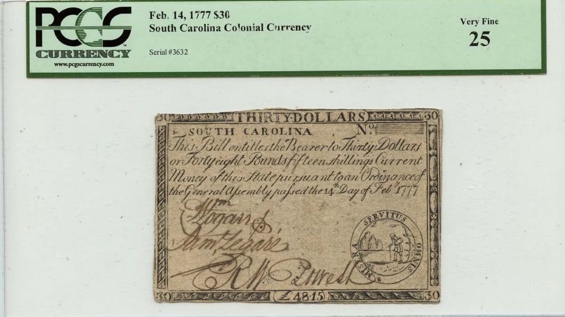 1777 $30 South Carolina Colonial Note FR#SC-144 PCGS VF35 (1 of 2)