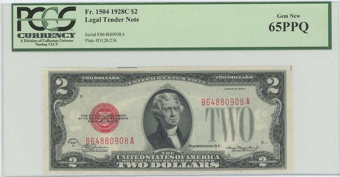 1928 $2 Legal Tender Note FR#1504 PCGS 65 PPQ Uncirculated: 1928 $2 Legal Tender Note FR#1504 PCGS 65 PPQ Uncirculated This 1928 $2 Legal Tender Note (FR#1504) is certified by PCGS Currency, boasting a grade of MS65, indicating it is in uncirculated condition.