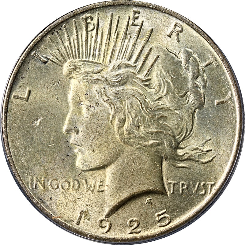 PCGS MS64 1925 Peace Silver Dollar With Toned Surfaces: PCGS MS64 1925 Peace Silver Dollar With Toned Surfaces This 1925-P Peace Dollar is graded MS64 by PCGS and features attractive toning. Struck in 90% silver at the Philadelphia Mint, it remains in unci