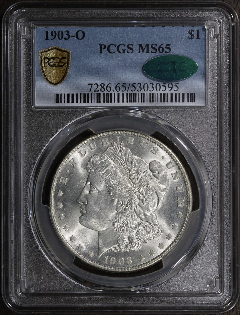 1903-O Morgan Dollar PCGS MS65 CAC Key Date: 1903-O Morgan Dollar PCGS MS65 CAC Key Date This is a 1903-O Morgan Silver Dollar graded MS65 by PCGS, recognized as a key date for collectors. The coin is uncirculated and features a CAC approval, at