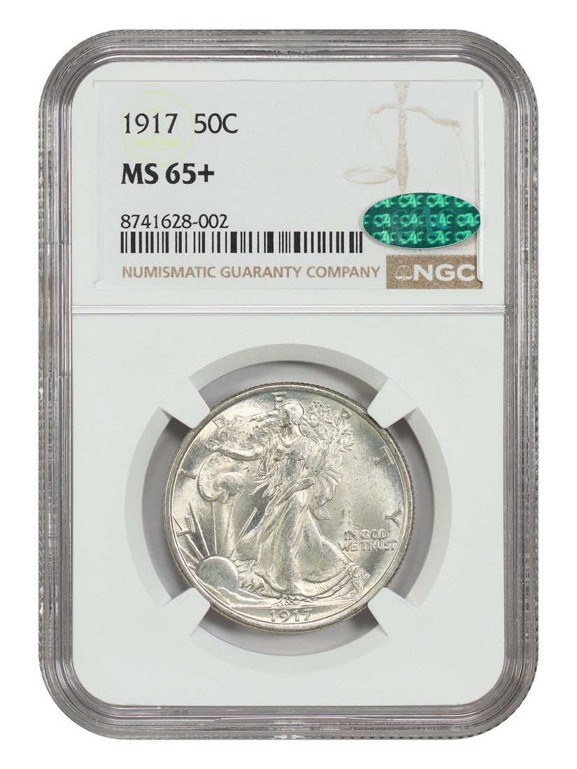 NGC CAC MS65+ 1917 Walking Liberty Half Dollar 50C: NGC CAC MS65+ 1917 Walking Liberty Half Dollar 50C This 1917 Walking Liberty Half Dollar is an uncirculated 50C coin certified by NGC and CAC, graded MS65+. It was minted in Philadelphia and is descri