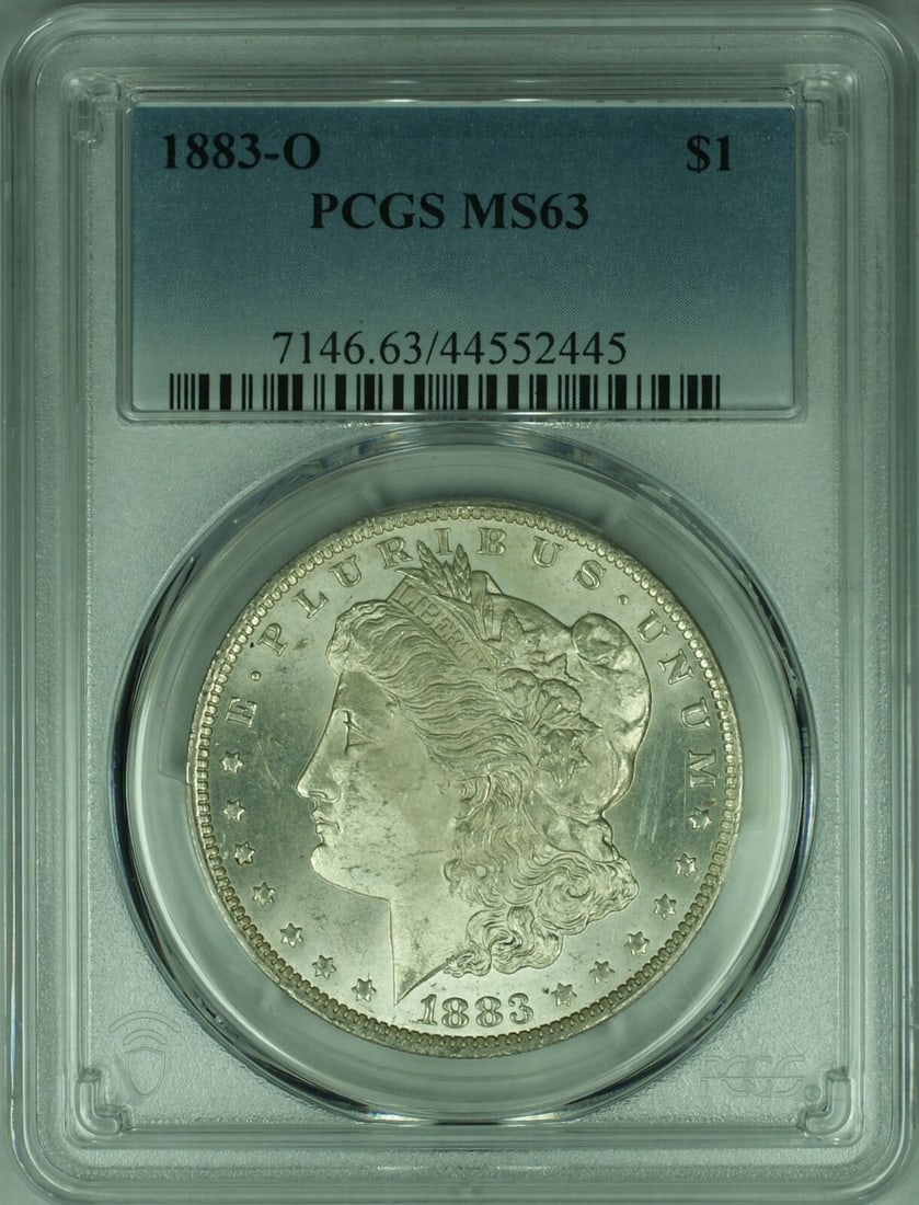 PCGS MS-63 Graded 1883-O Morgan Silver Dollar from New Orleans Mint: PCGS MS-63 Graded 1883-O Morgan Silver Dollar from New Orleans Mint This 1883-O Morgan Silver Dollar is a $1 coin minted in New Orleans and certified by PCGS with a grade of MS-63. The coin is uncircu