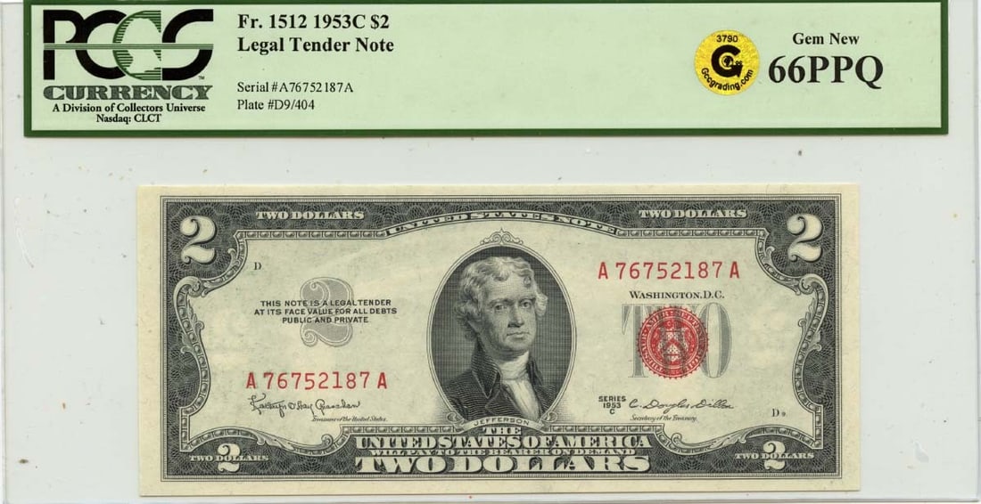1953 $2 United States Legal Tender Note PCGS Gem 66 PPQ: 1953 $2 United States Legal Tender Note PCGS Gem 66 PPQ This 1953C $2 Legal Tender Note from the United States is graded MS66 Gem Uncirculated by PCGS Currency. It is a pre-owned note in uncirculated 