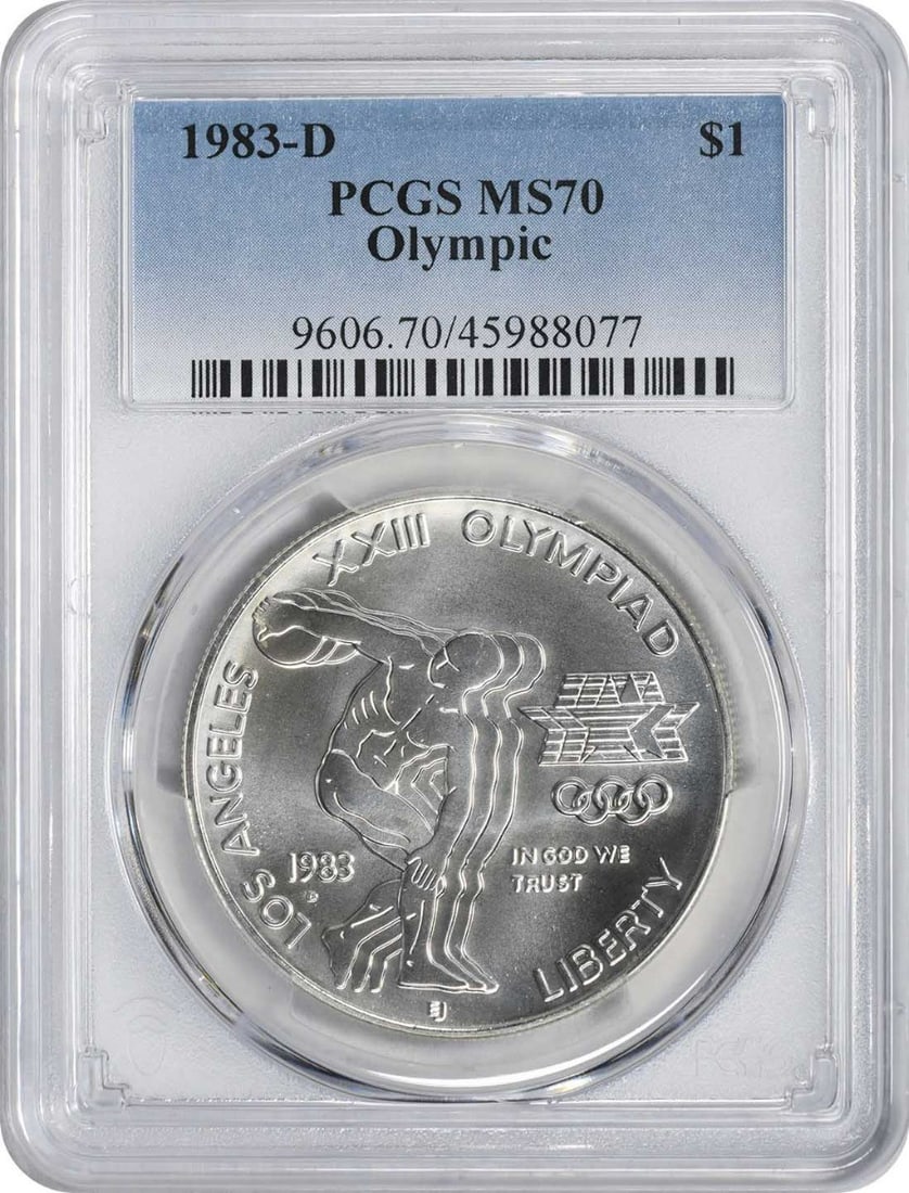 PCGS MS70 1983-D Denver Olympic Silver Commemorative Dollar Coin: PCGS MS70 1983-D Denver Olympic Silver Commemorative Dollar Coin This 1983-D Olympic Silver Commemorative Dollar is graded MS70 by PCGS, indicating it is in mint, uncirculated condition. Struck at the