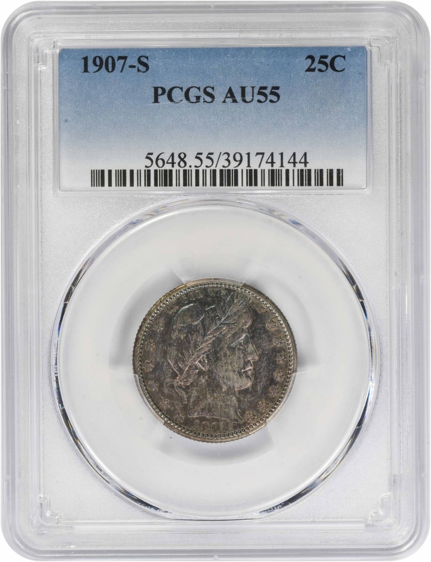 PCGS AU55 1907 San Francisco Barber 25C Silver Coin (1 of 4)
