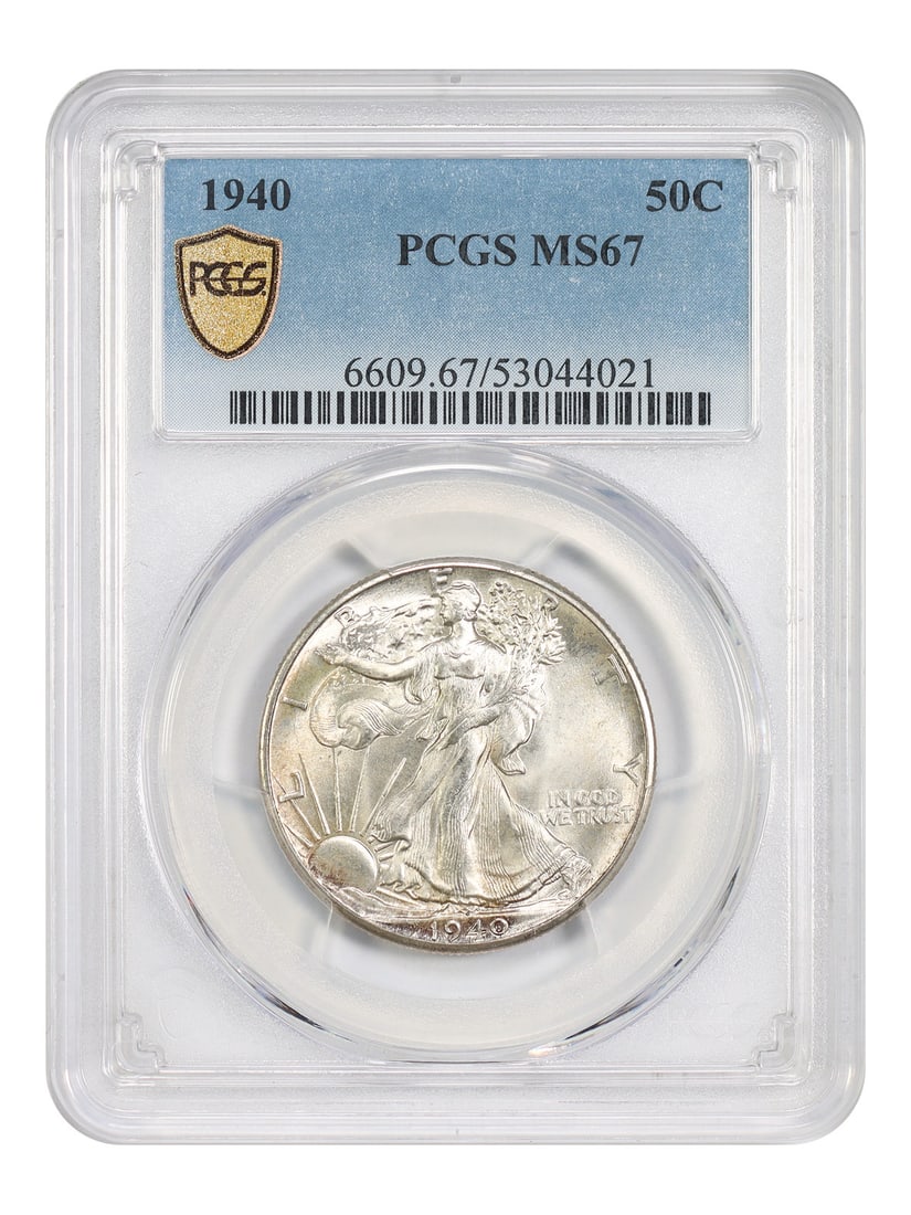 PCGS MS67 1940 Walking Liberty 50C Half Dollar: PCGS MS67 1940 Walking Liberty 50C Half Dollar 1940 Walking Liberty Half Dollar, denomination 50C, struck in Philadelphia and certified by PCGS. The coin is graded MS67 and is offered in pre-owned con