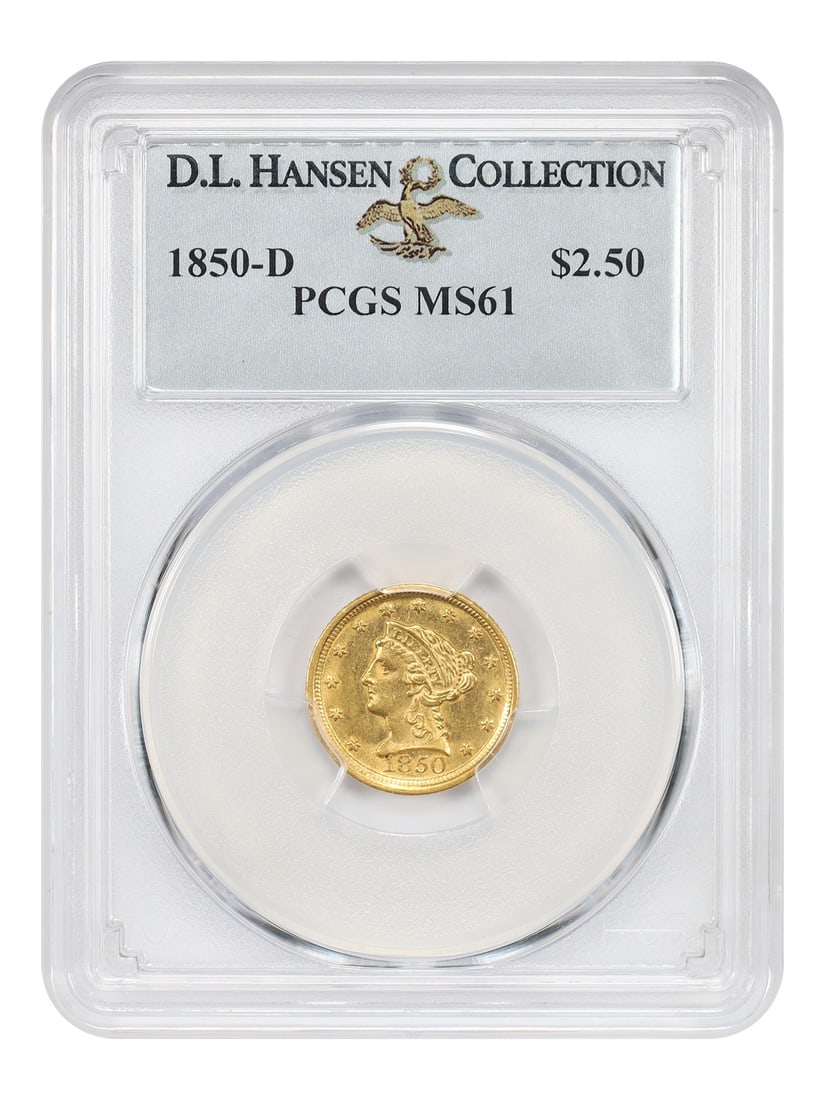 PCGS MS61 1850-D Liberty Head Quarter Eagle Dahlonega Mint $2.50: PCGS MS61 1850-D Liberty Head Quarter Eagle Dahlonega Mint $2.50 1850 Dahlonega Mint $2.50 Liberty Head Quarter Eagle certified by PCGS as MS61. The coin is described as an uncirculated example with f