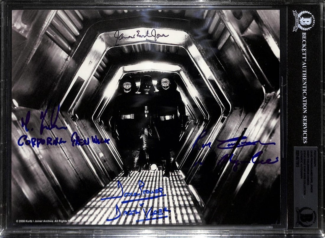 Beckett Authenticated Star Wars 8x10 Autographed Photo by 4 Cast Members: Beckett Authenticated Star Wars 8x10 Autographed Photo by 4 Cast Members This 8x10 photograph from Star Wars features the iconic scene of Darth Vader preparing to enter Princess Leia's cell on the Dea