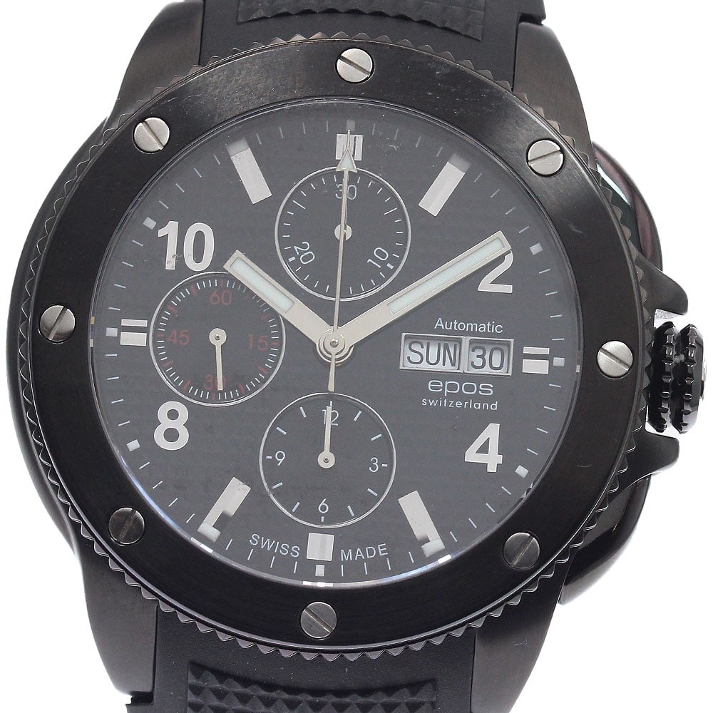 EPOS Automatic Chronograph Day-Date 3388SBBKR Men's Wristwatch: EPOS Automatic Chronograph Day-Date 3388SBBKR Men's Wristwatch This EPOS 3388SBBKR is a men's automatic chronograph wristwatch featuring a stainless steel case and a black dial. The watch offers day-d