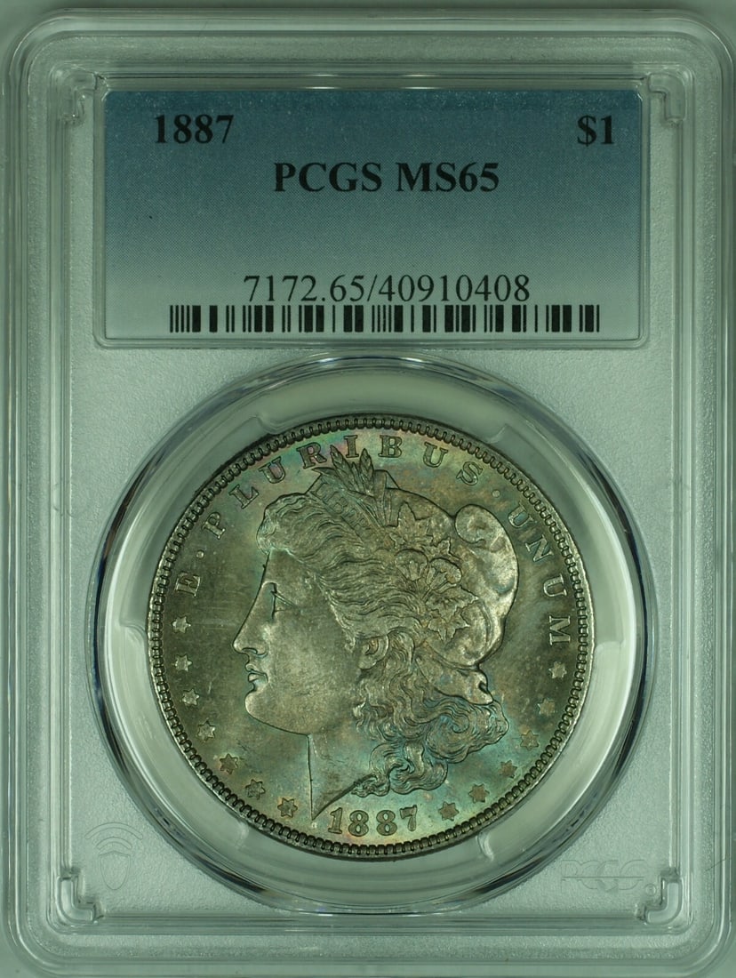 PCGS MS65 1887 Morgan Dollar Silver Coin Toned Philadelphia Mint: PCGS MS65 1887 Morgan Dollar Silver Coin Toned Philadelphia Mint This is an 1887 Morgan Silver Dollar graded MS-65 by PCGS. The coin originates from the United States, minted in Philadelphia, and is c