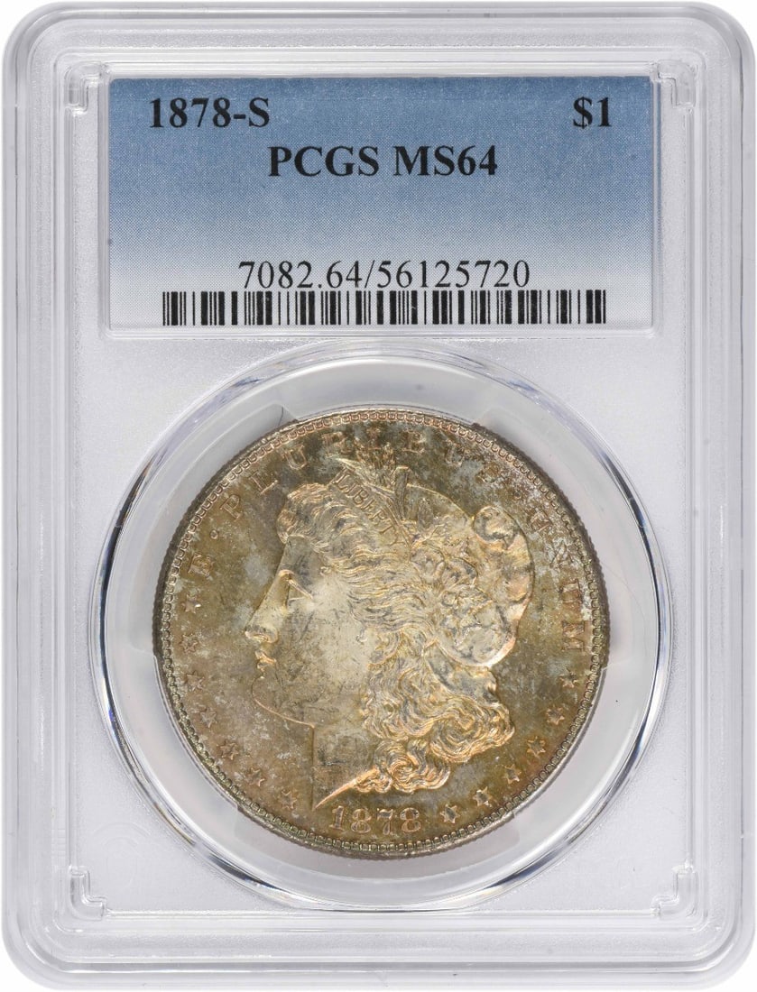 MS64 1878 San Francisco Morgan Dollar PCGS Certified Toned Example: MS64 1878 San Francisco Morgan Dollar PCGS Certified Toned Example This 1878-S Morgan Silver Dollar is graded MS64 and certified by PCGS. The coin features a toned finish and was struck at the San Fra