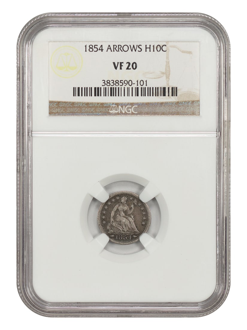 NGC VF20 1854 Liberty Seated Half Dime H10C Arrows: NGC VF20 1854 Liberty Seated Half Dime H10C Arrows 1854 Liberty Seated Half Dime, H10C, struck at the Philadelphia Mint and certified by NGC with a VF20 grade. This circulated coin is the desirable