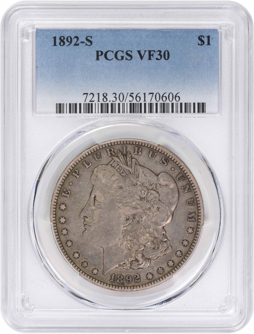 1892 San Francisco Morgan Dollar 90 Percent Silver PCGS VF30: 1892 San Francisco Morgan Dollar 90 Percent Silver PCGS VF30 This 1892-S Morgan Silver Dollar is graded VF30 by PCGS. Struck at the San Francisco Mint, it features a composition of 90% silver and 10%