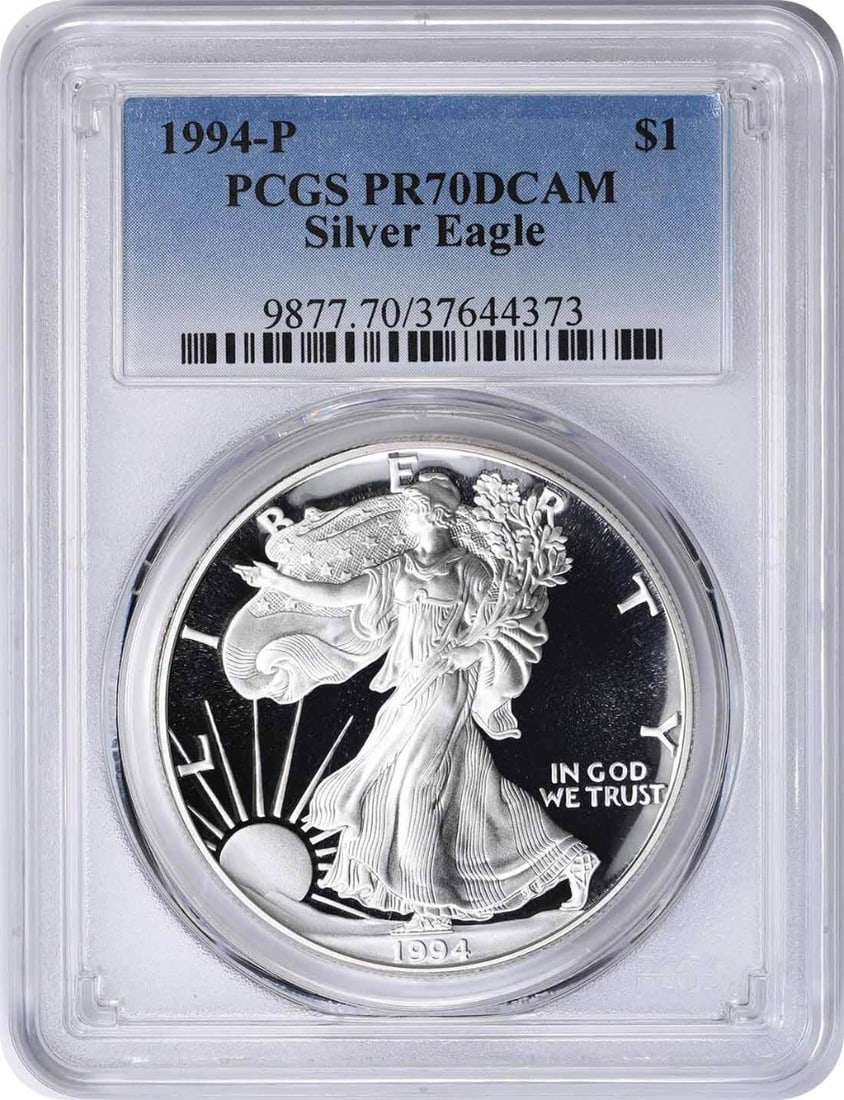1994 P Silver Eagle Dollar PCGS PR70 Deep Cameo Proof: 1994 P Silver Eagle Dollar PCGS PR70 Deep Cameo Proof This 1994-P American Silver Eagle Dollar is a proof coin graded PR70 Deep Cameo by PCGS. Struck by the U.S. Mint, it contains 1 oz of .999 fine