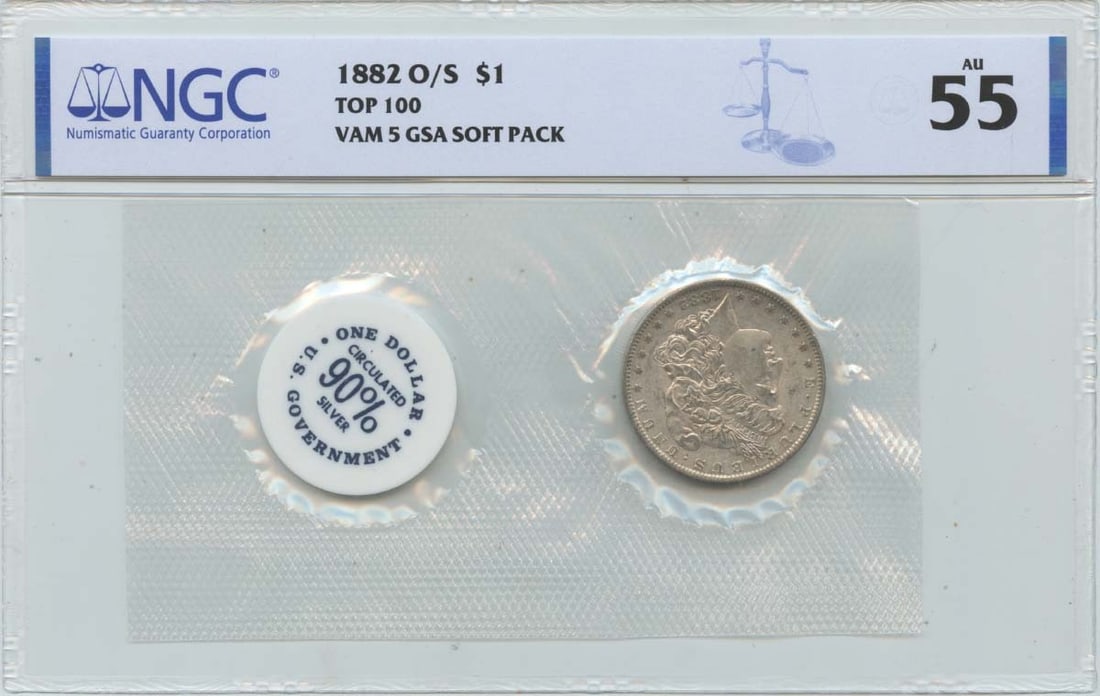 NGC AU55 1882-O VAM-5 Morgan Silver Dollar GSA Soft Pack Top 100 Variety: NGC AU55 1882-O VAM-5 Morgan Silver Dollar GSA Soft Pack Top 100 Variety This is an 1882-O Morgan Dollar featuring the O Over S TOP-100 VAM-5 variety. Graded AU55 by NGC, this circulated silver dollar