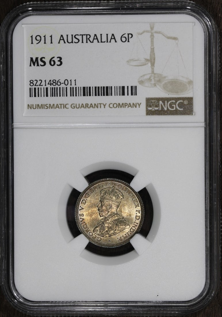 1911 Australia Sixpence MS63 NGC Certified Silver Coin Golden Luster: 1911 Australia Sixpence MS63 NGC Certified Silver Coin Golden Luster This 1911 Australia Sixpence coin is a remarkable piece of history, featuring a beautiful golden luster. It is categorized as circu