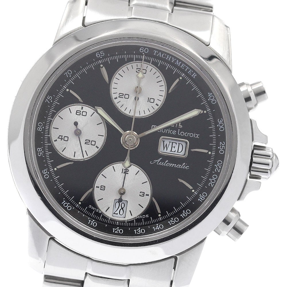 Maurice Lacroix Chroneo Automatic Steel Chronograph Watch 39721: Maurice Lacroix Chroneo Automatic Steel Chronograph Watch 39721 This Maurice Lacroix Chroneo Day-Date Chronograph men's wristwatch features a stainless steel case and bracelet with a black and silver 