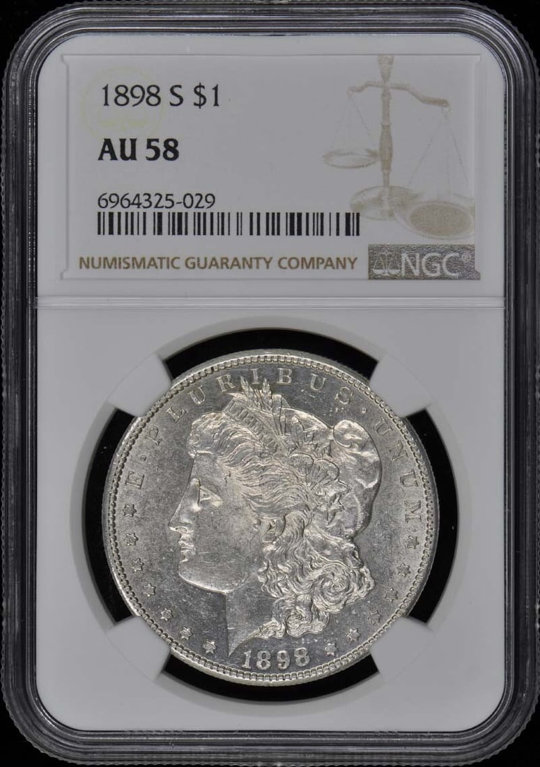 1898-S Morgan Dollar NGC AU58 San Francisco Mint Coin: 1898-S Morgan Dollar NGC AU58 San Francisco Mint Coin This 1898-S Morgan Dollar, certified by NGC with certification number 6964325029, boasts a grade of AU58. Minted in San Francisco, this coin is pa