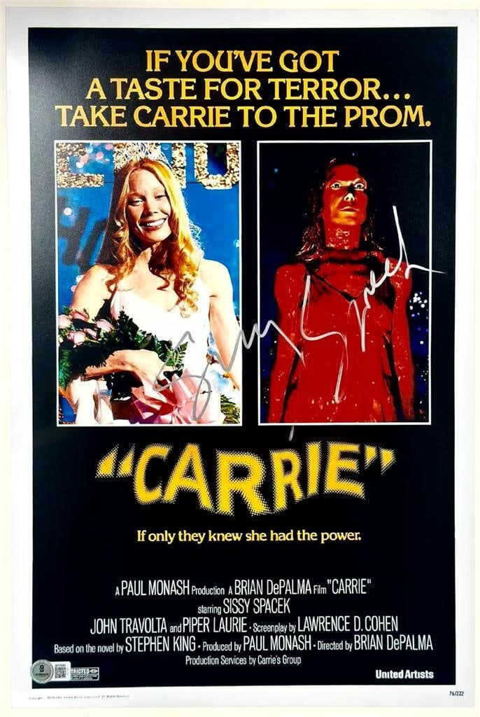 Sissy Spacek Signed Carrie 12x18 Movie Poster Beckett Authenticated: Sissy Spacek Signed Carrie 12x18 Movie Poster Beckett Authenticated This striking 12x18 photograph features a signed image of Sissy Spacek from the iconic horror film "Carrie." Authenticated by Becket